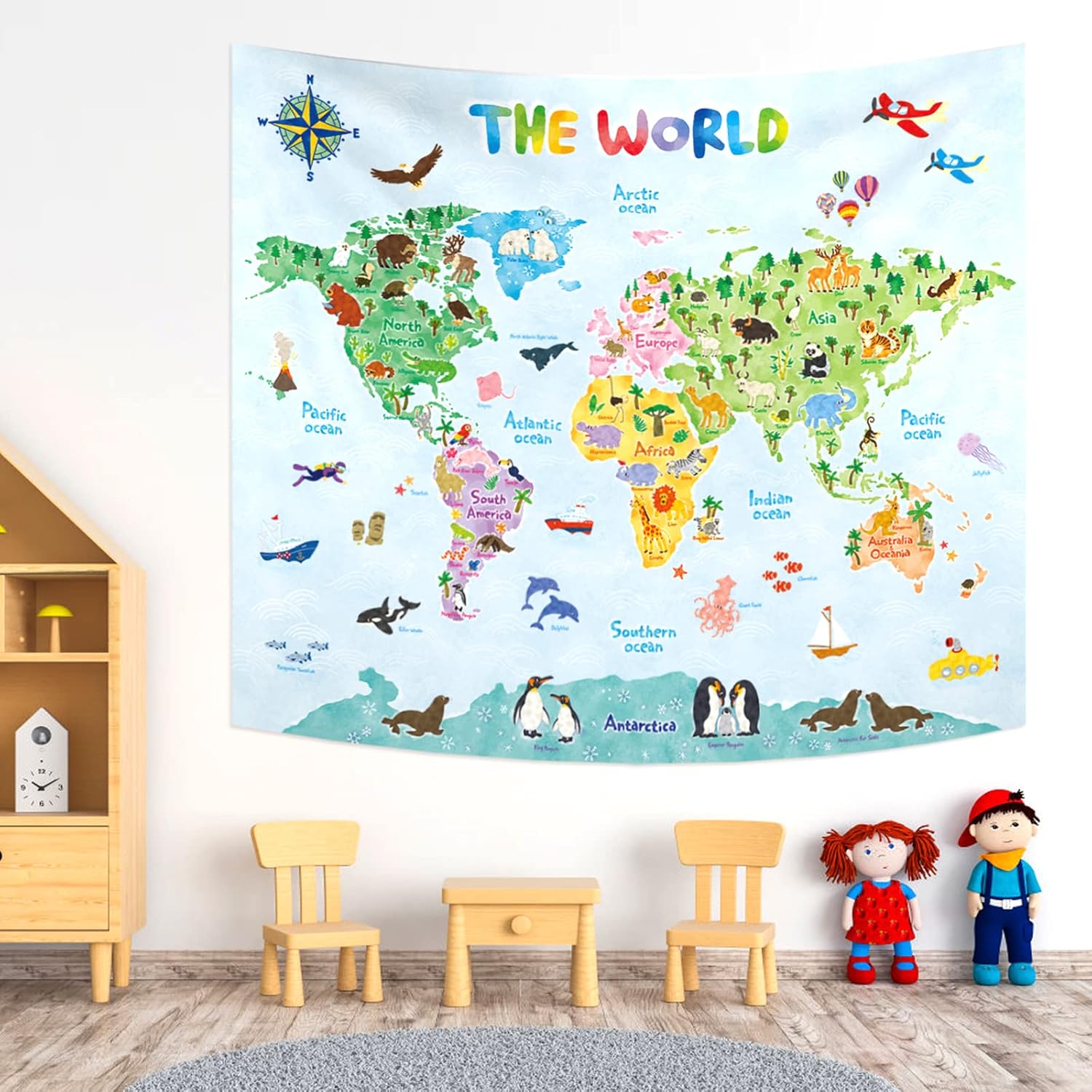 Kids Education World - Tapestry Dinding Peta Dunia untuk Anak-anak,